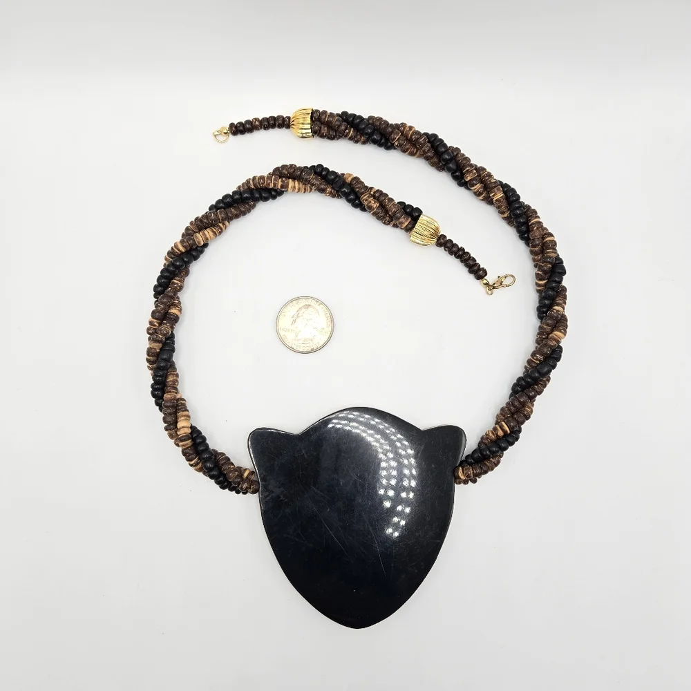 Cheetah Pendant Necklace Inlay Beaded Coconut Mother Of Pearl Boho Bohemian Vtg - Picture 3 of 4